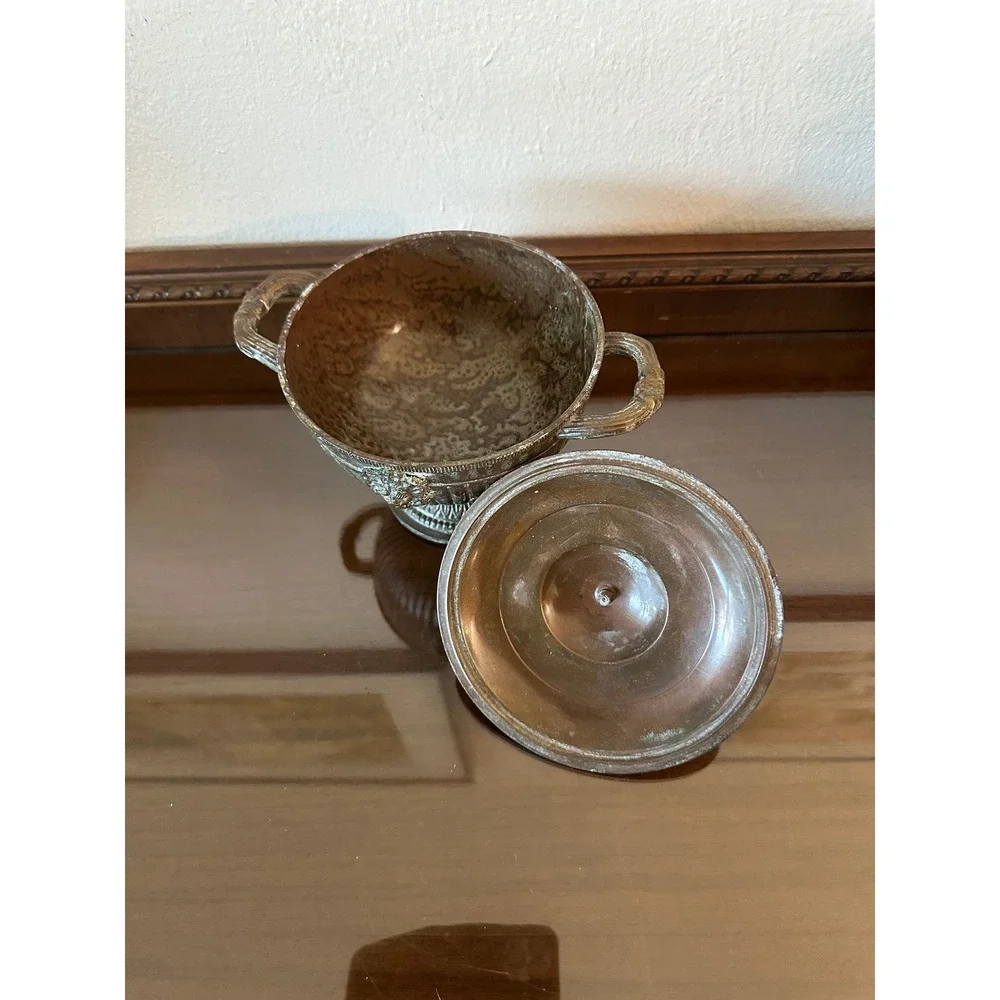 Solid Brass Urn Style Bowl Lid Trinket Pedestal Double Lion Heads‎ Shelf Decor